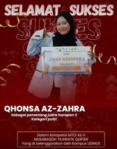 Membanggakan! Mahasiswi Ilmu Hadis UIN Salatiga Raih Juara Harapan II MTQ-KU II di Universitas Dian Nuswantoro Semarang